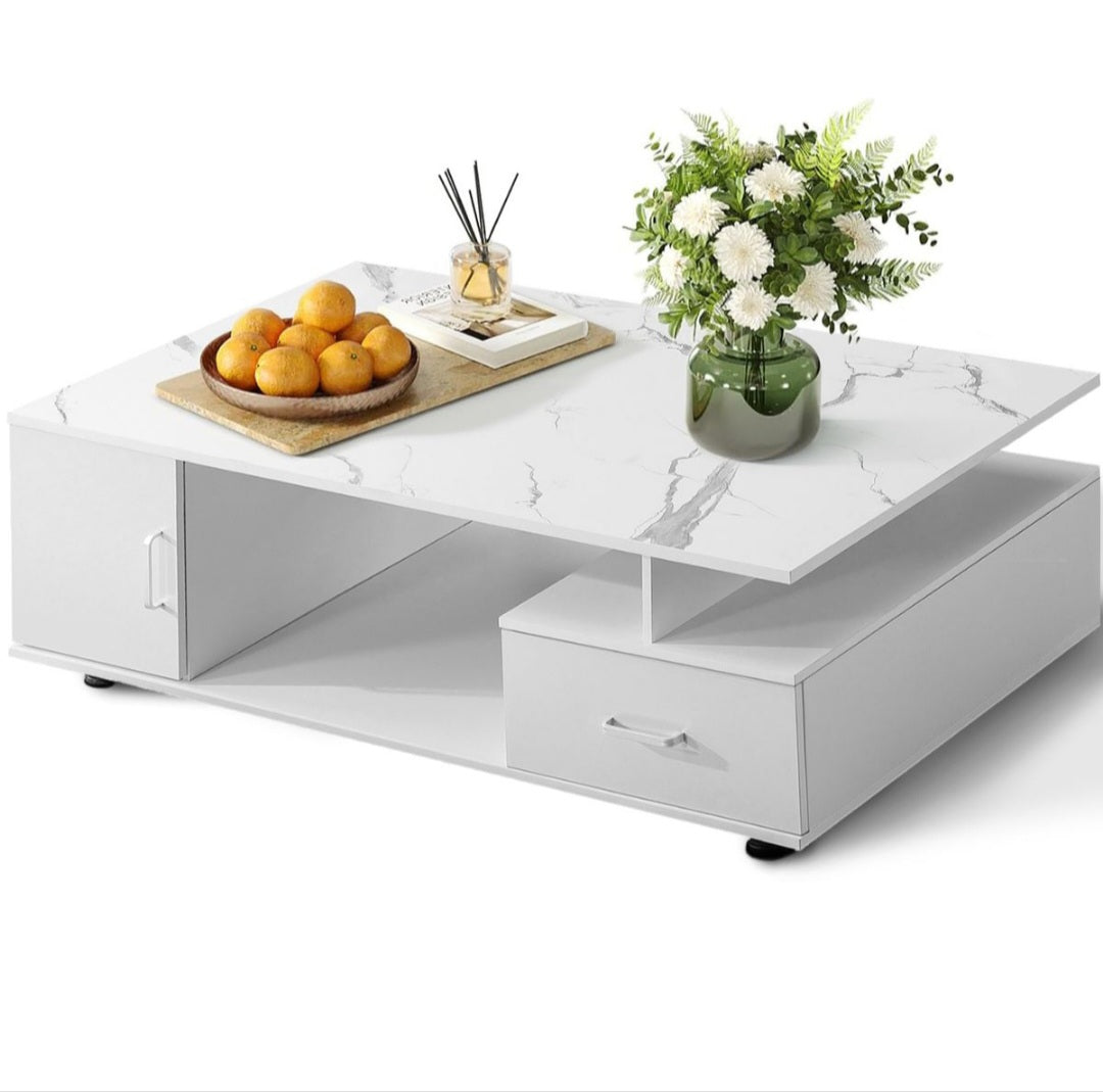 Coffee Table Center Sofa End Table Storage Cabinet Drawer - White